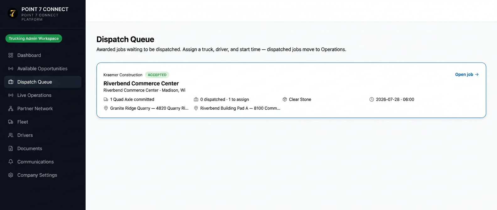 Point 7 Connect Dispatch Queue showing awarded jobs with committed trucks, materials, pickup and dump sites, and start times.