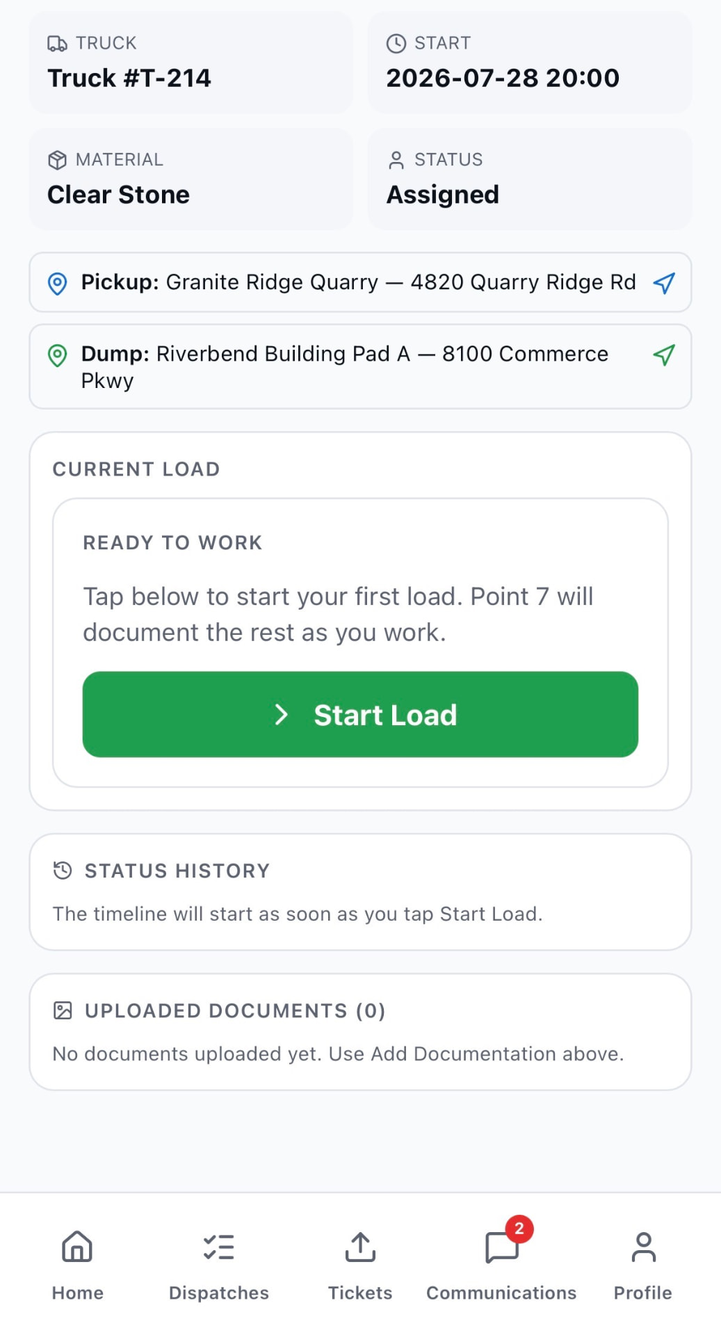 Point 7 Connect driver mobile app showing active dispatch