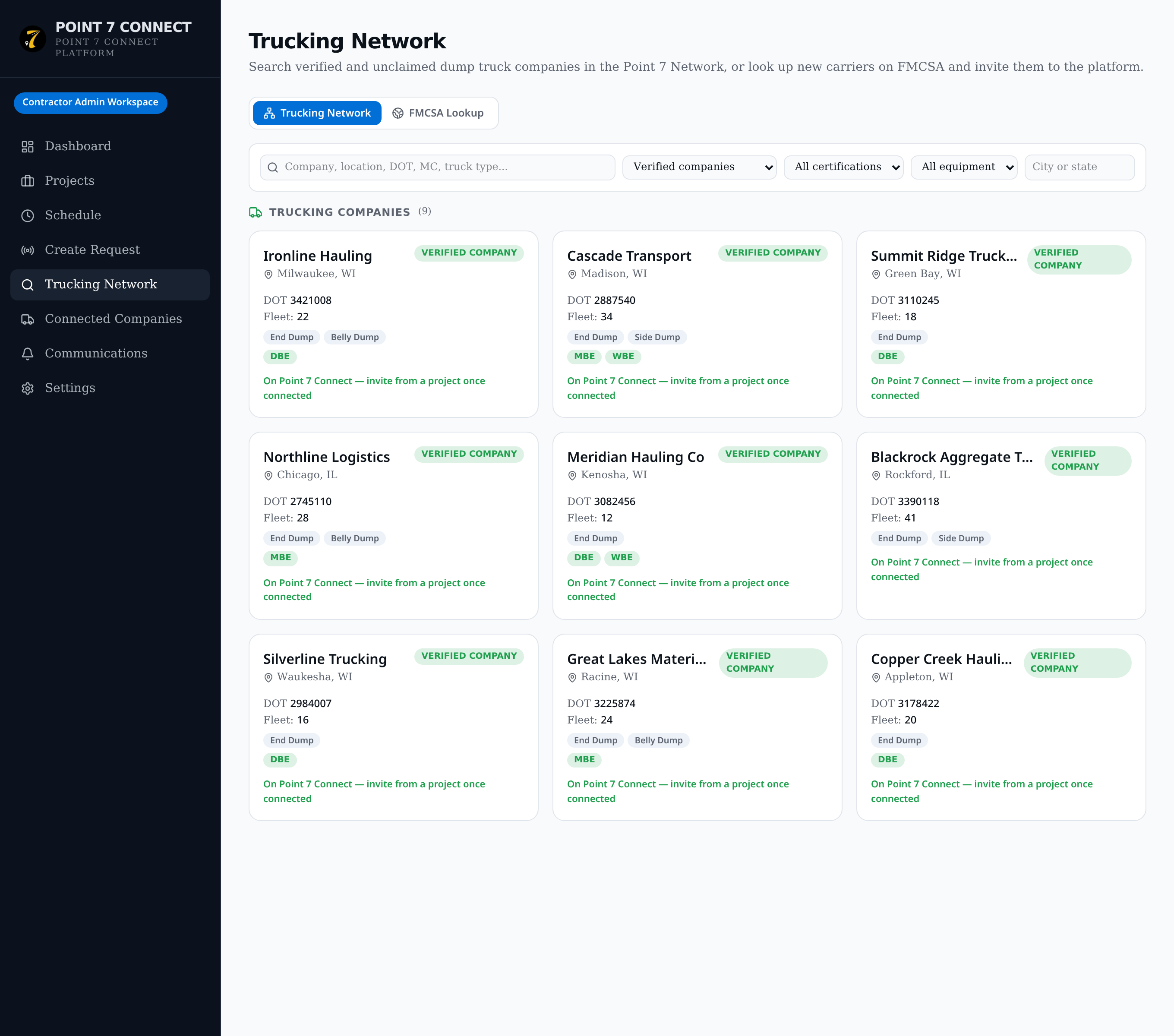 Point 7 Connect Trucking Network page showing verified member companies with DOT number, fleet size, equipment, and certifications.