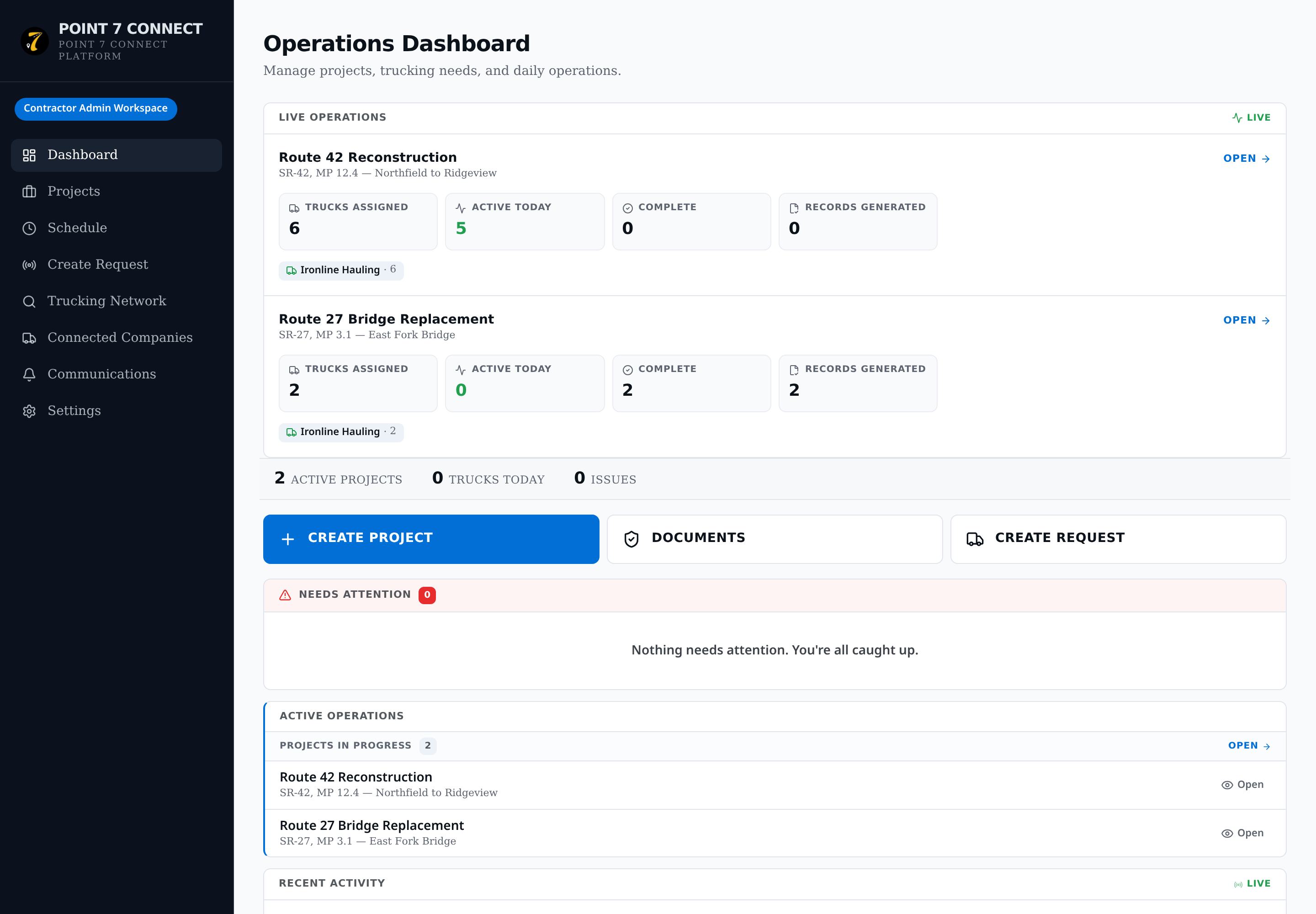 Point 7 Connect contractor operations dashboard showing live projects, assigned trucks, and today's activity.